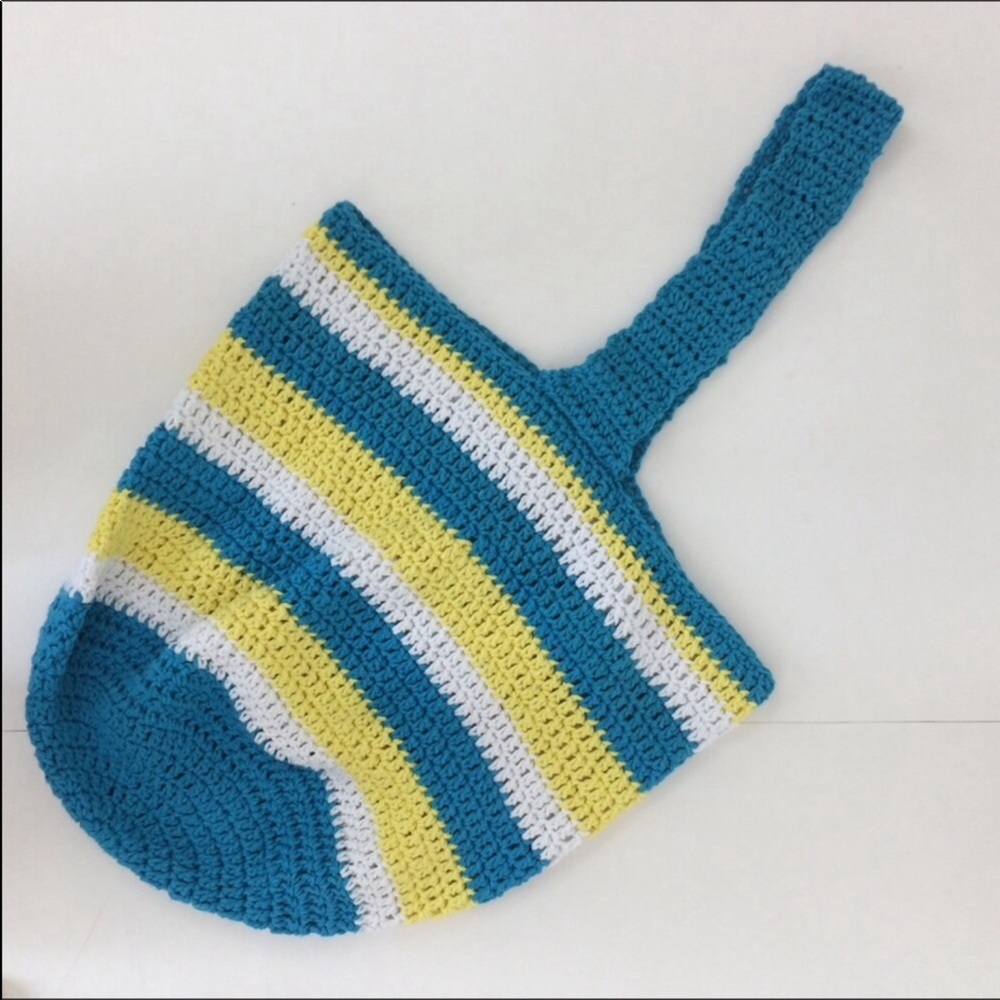 Handmade Crochet Cotton stripe Yellow Turquoise white tote - Picture 2 of 3